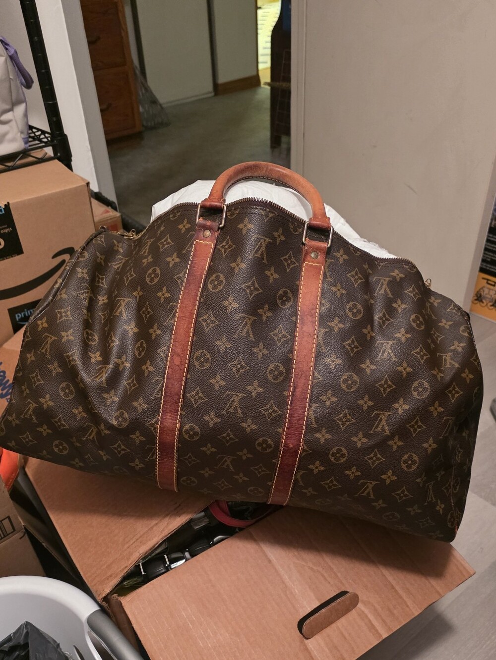 Vintage Louis Vuitton Keepall 60 Brown Monogram Duffel Bag with Leather Trim